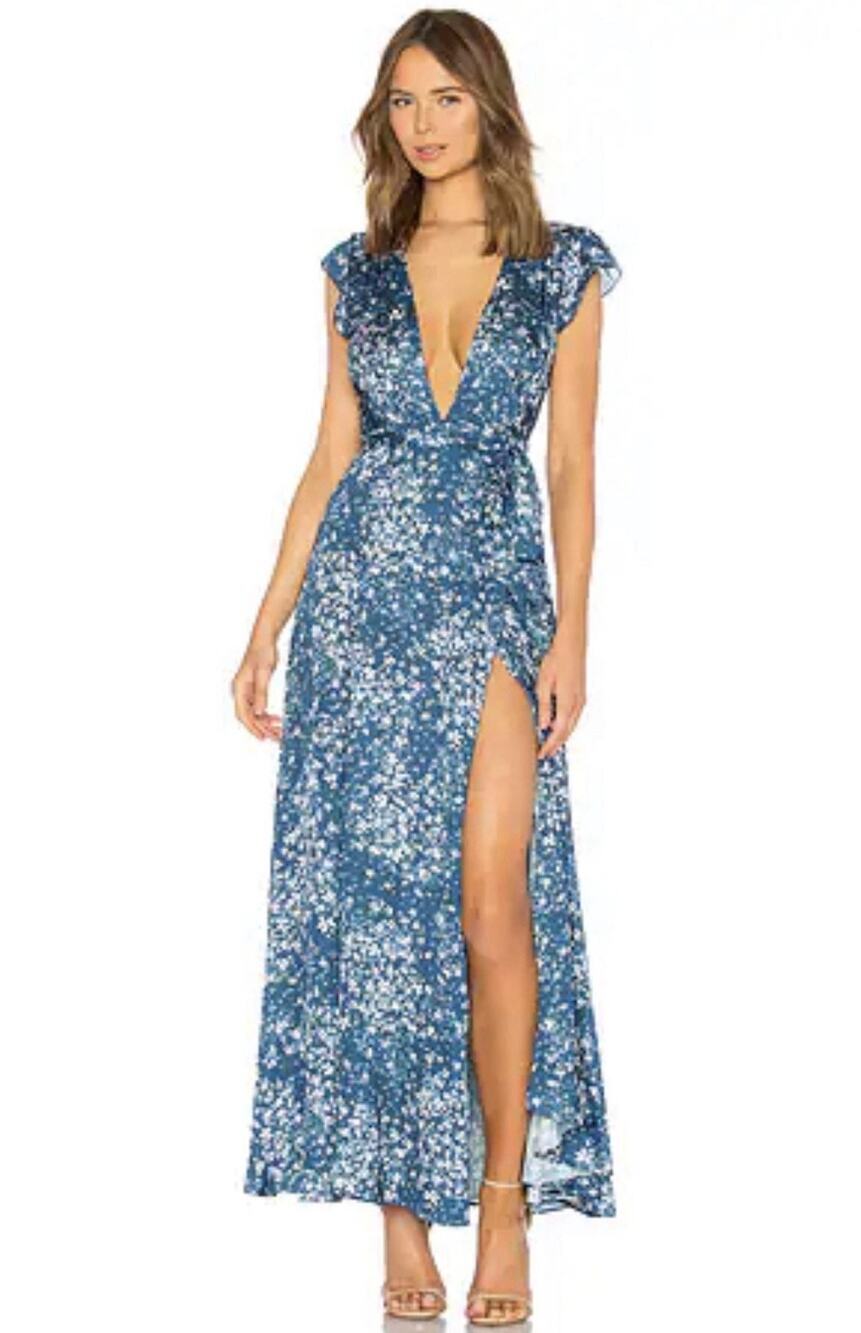 TULAROSA Sid Wrap Maxi Dress In Alison Floral XS Blue Satin
